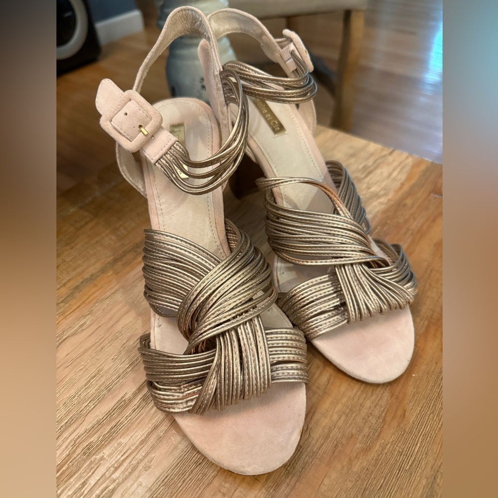 Louise et Cie Powder Pink Rose Metallic Woven Sandal Heels Grandma French Bridal